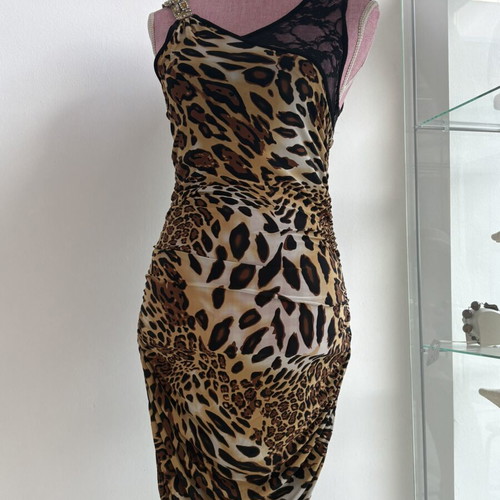 Φόρεμα λεοπάρ animal print με δαντέλα και στρας, μέγεθος S