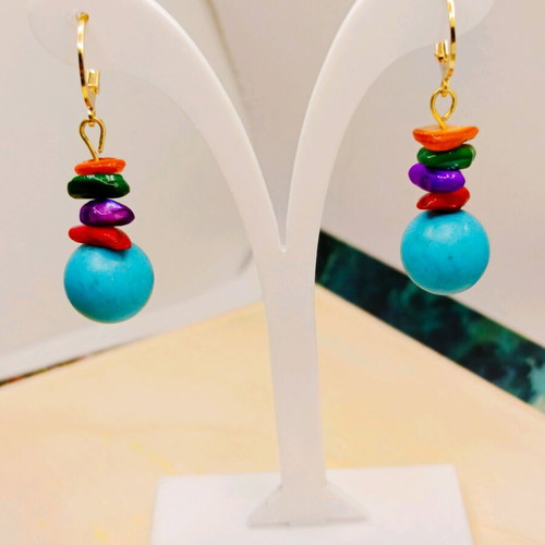 Handmade Earrings with Turquoise and Mother of Pearl, Gold Plated Stainless Steel, New
