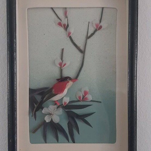 Wall frame with bird made of feathers used, 18x12cm