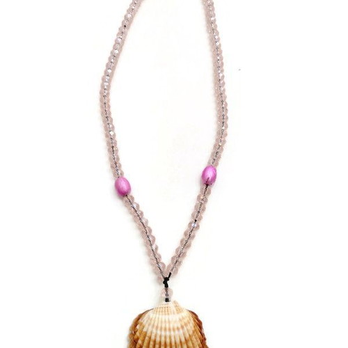 Handmade shell necklace new with black macrame cord and pink crystal beads