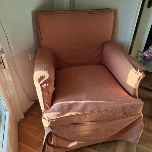 Vintage three-seater sofa and two antique armchairs with dark wood frame