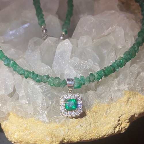 Handmade necklace with natural emeralds and moissanites, silver 925
