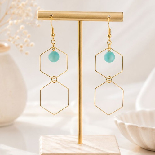Handmade Sea Glass Hexagon Earrings with Double Gold Hexagons and Blue Bead