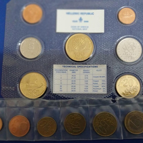 Greek drachma and euro coin sets, sealed blister and nylon