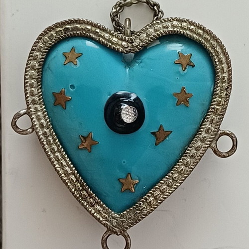 Antique Heart Amulet with Natural Turquoise and Silver, used, rare ex-voto