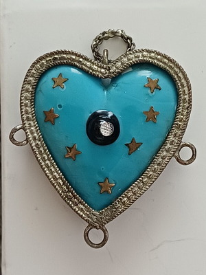 Antique Heart Amulet with Natural Turquoise and Silver, used, rare ex-voto