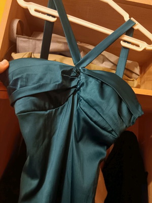 Petrol Personal long evening dress like new, satin with glitter and rhinestones