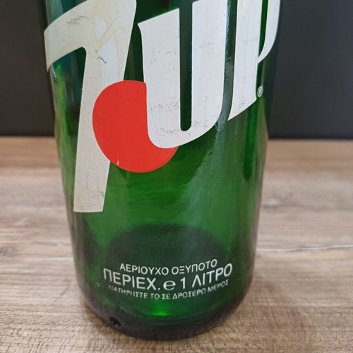 7UP vintage glass soda bottle 1 liter used, Greek labels