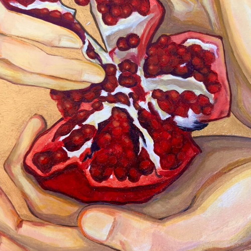 Painting Hands with Pomegranate on Gold Background 30x40 cm new
