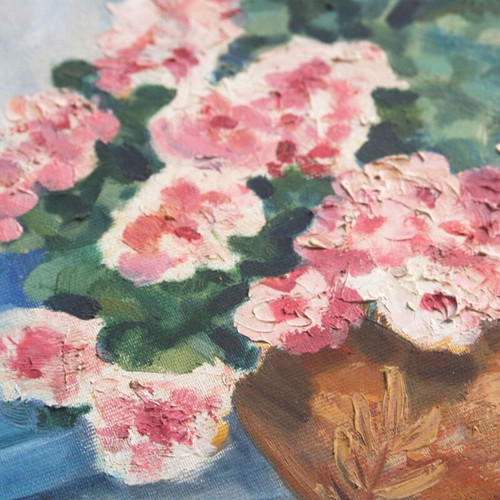 Oil painting on canvas 34x44 cm, flowers in Greek island landscape