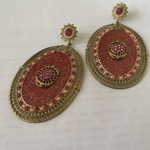 Vintage Statement Earrings in Antique Gold Tone with Fuchsia Pink Crystals like new
