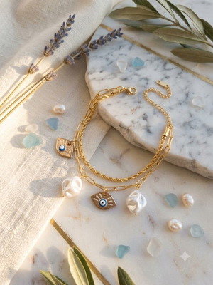 Double steel bracelet with decorative charms and faux pearls