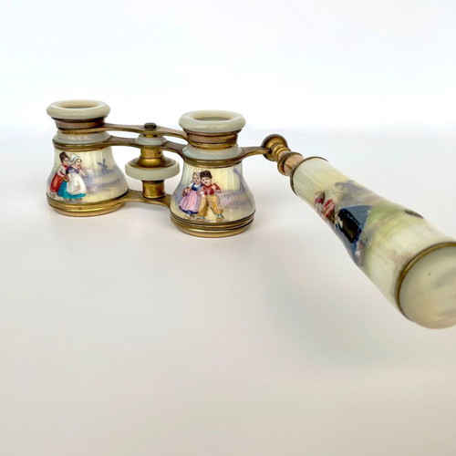 Porcelain brass mother of pearl opera glasses used antique French c.1850-1900