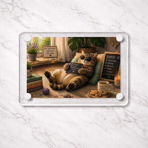 Acrylic fridge magnet "Μην αγχώνεσαι" Relax Cat Mood new