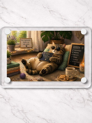 Acrylic fridge magnet "Μην αγχώνεσαι" Relax Cat Mood new