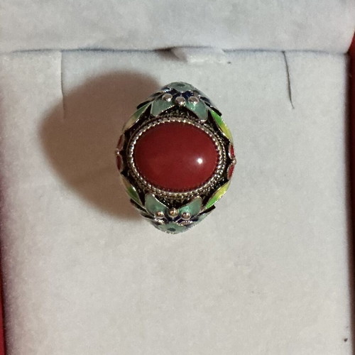Vintage Tibetan style 925 sterling silver enamel ring with red coral paste cabochon, like new