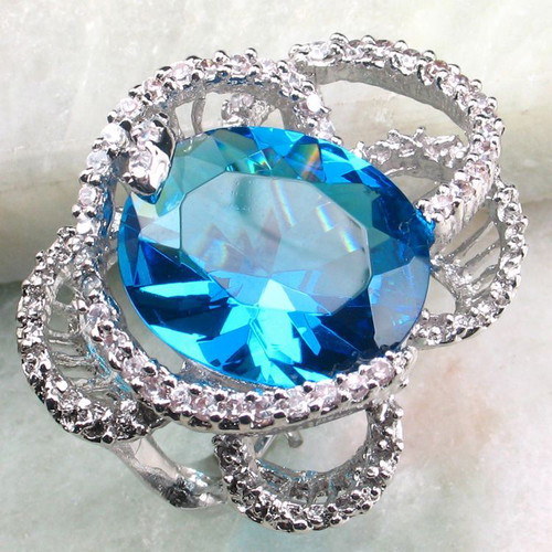 925 Silver Ring with Blue Topaz Colour Crystal New