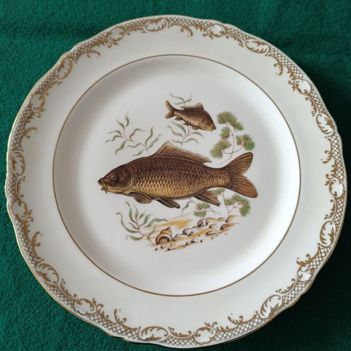 Limoges vintage plates with freshwater fish decoration, like new, set of 5