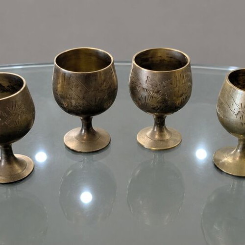 Liqueur Glasses Set of 6 Used Vintage Hand-Etched Bronze EPNS 1960-1970