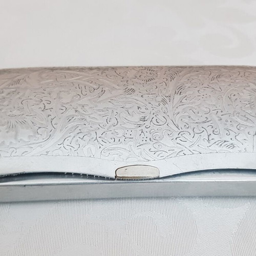 Vintage metal glasses case with embossed floral design, silver, used