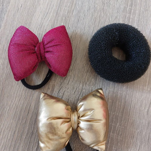 Handmade hair ties with decorative bows and bun sponge