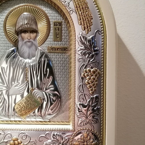 Επάργυρη εικόνα Αγίου Παϊσίου καινούργια με ξύλινη βάση