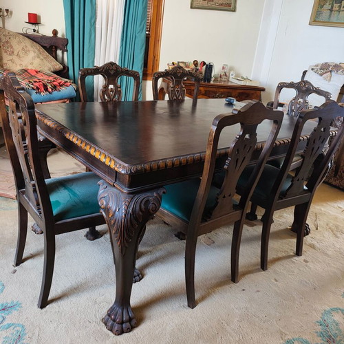 French antique dining table with lion legs and chairs, buffet included