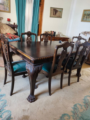 French antique dining table with lion legs and chairs, buffet included