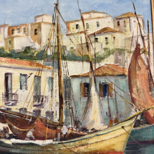 Νίκος Μανιάτης ελαιογραφία μεταχειρισμένη, θέμα Πόρος, σε κορνίζα