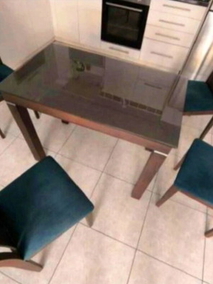 Dining table with chairs like new, handmade, solid wood with glass top