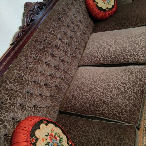 Vintage living room set with dark olive velvet upholstery, like new