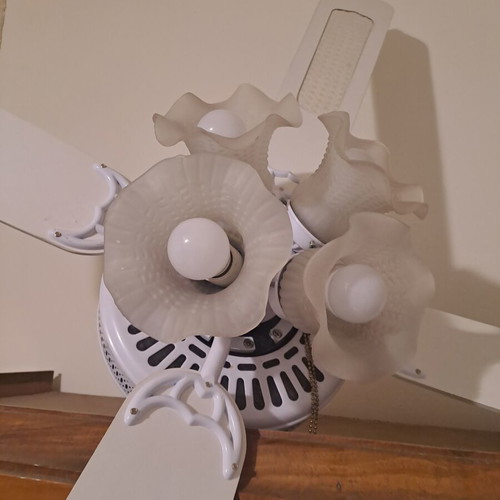 Ceiling fan vintage white with 4 glass flower lights like new