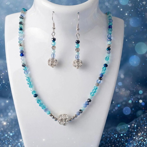 Handmade blue crystal beaded jewelry set, elegant necklace and earrings