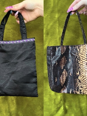 Handbags used, black satin and beige snake print