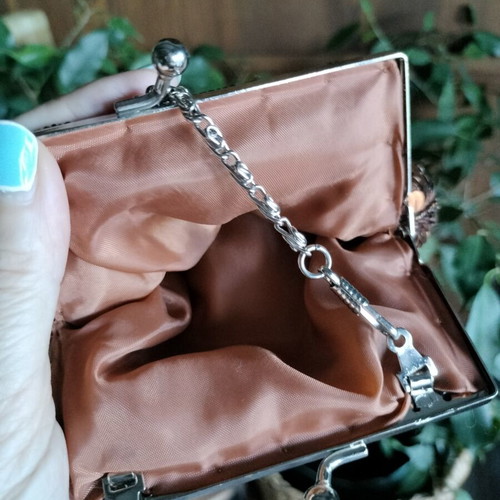 Small shoulder bag with copper sequins and long chain