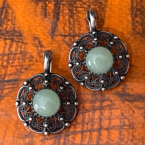 Silver earrings handmade filigree 925 with nephrite stone