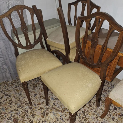 Dining set round walnut handmade 1960 with 8 chairs and mirror used
