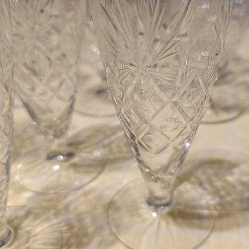 Mid-century crystal champagne glasses used, set of 10