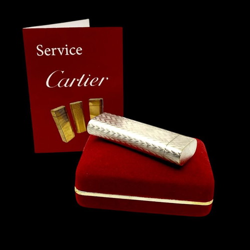 Cartier lighter used silver collectible with herringbone pattern