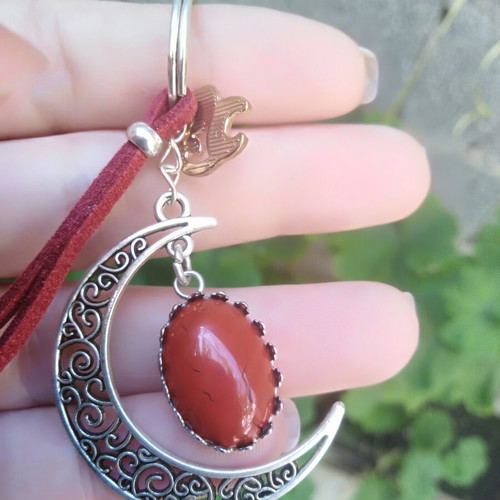 Keychain with silver moon and chestnut red jasper
