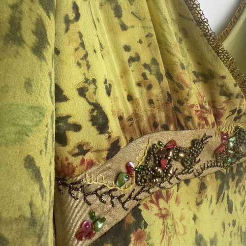 Silk Midi Dress Cinema by Panos Zinas like new, green and yellow