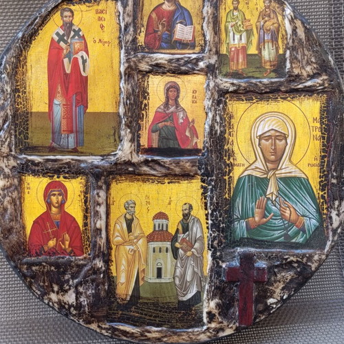 Religious icon composition on wood 24x22 cm