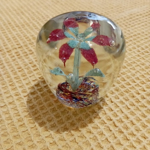 Vintage glass paperweight with handmade 3D red flower motif