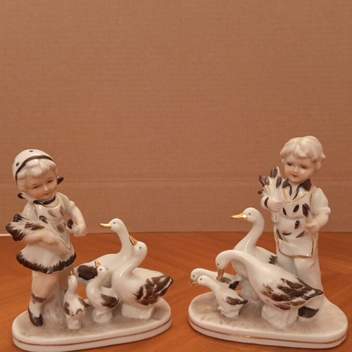 Vintage Capodimonte porcelain figurines boy and girl with geese