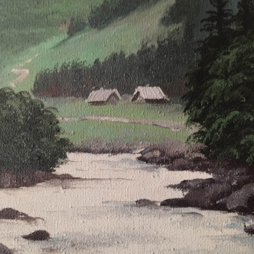 Oil painting on canvas signed 2005, like new, framed mountain landscape