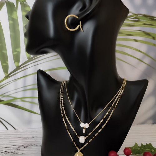 Steel layered necklace gold plated with evil eye, crystal, ceramic stone and monogram new