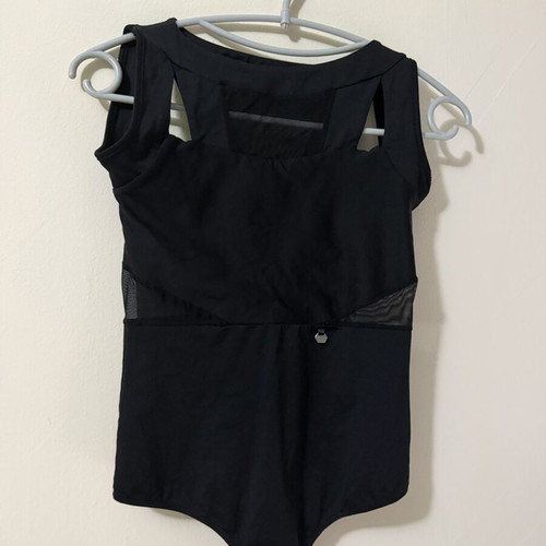 Med black bodysuit with mesh panels and open back, size M