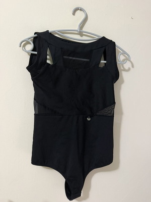 Med black bodysuit with mesh panels and open back, size M