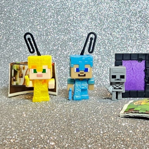 Minecraft Kinder Joy 3 figures Steve diamond armor, Alex, Skeleton with nether portal