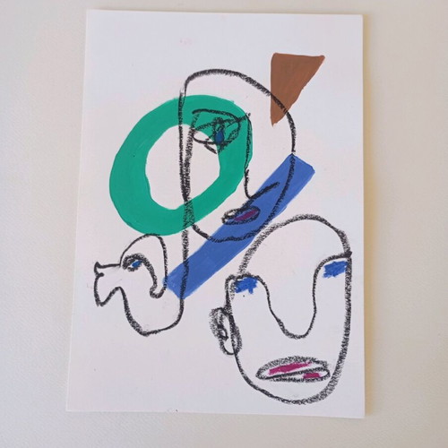 One line faces acrylic and oil pastel on A4 watercolor paper new